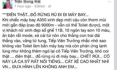 Mới đây, một cư dân mạng bất ngờ chia sẻ một ca sĩ khá nổi tiếng mà người này yêu mến đã hành xử thiếu lịch sự, văn minh trên máy bay. Cụ thể, nữ ca sĩ cho con đi vệ sinh vào túi nôn khiến các hành khách khác cảm thấy khó chịu. Khi bị tiếp viên trưởng nhắc nhở, cô không những không xin lỗi mà còn tỏ ra không quan tâm.